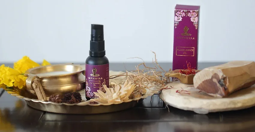 Kumkumadi Tailam bottle with saffron and Ayurvedic herbs